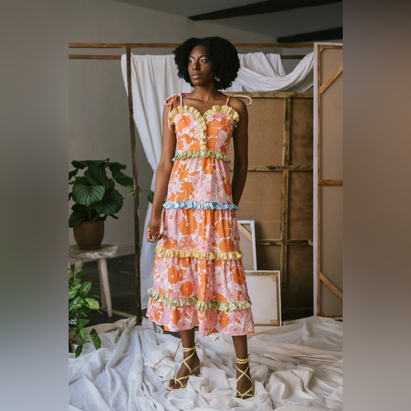 CeliaB Dresses & Skirts - CeliaB In Bloom Dalia Dress Floral Ruffle Tie Shoulder Cotton Size Medium